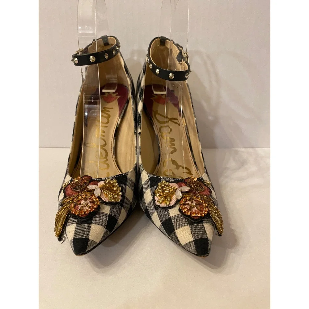 Sam Edelman Hazel Gingham Beaded Floral Ankle Strap Pumps Black White 7.5